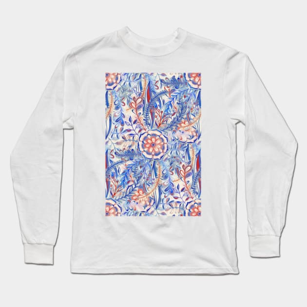 Boho Flower Burst in Red and Blue Long Sleeve T-Shirt by micklyn